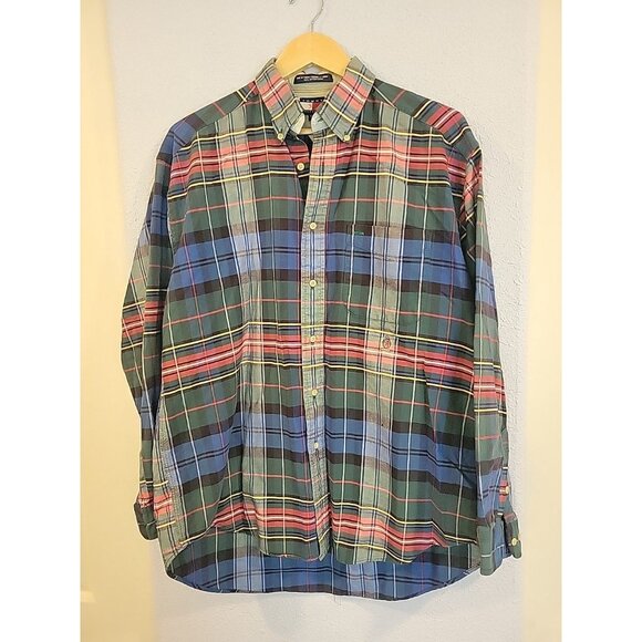 VTG Tommy Hilfiger Button Up Shirt L Crest Logo 90s Green Blue Plaid Long Sleeve - Picture 2 of 7